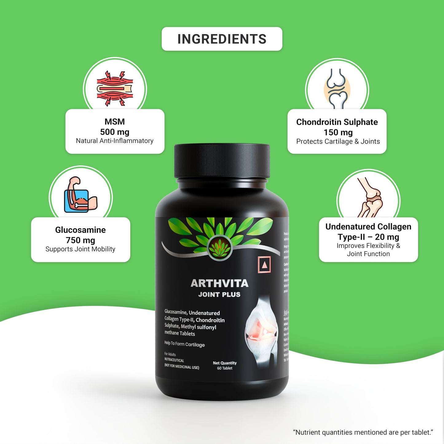 Arthvita Complete Knee Care – For Joint Pain Glucosamine, Collagen + 9 Nutrients, DHA + Calcium + 12 Vitamins + 9 Minerals – 3 × 60 Tablets