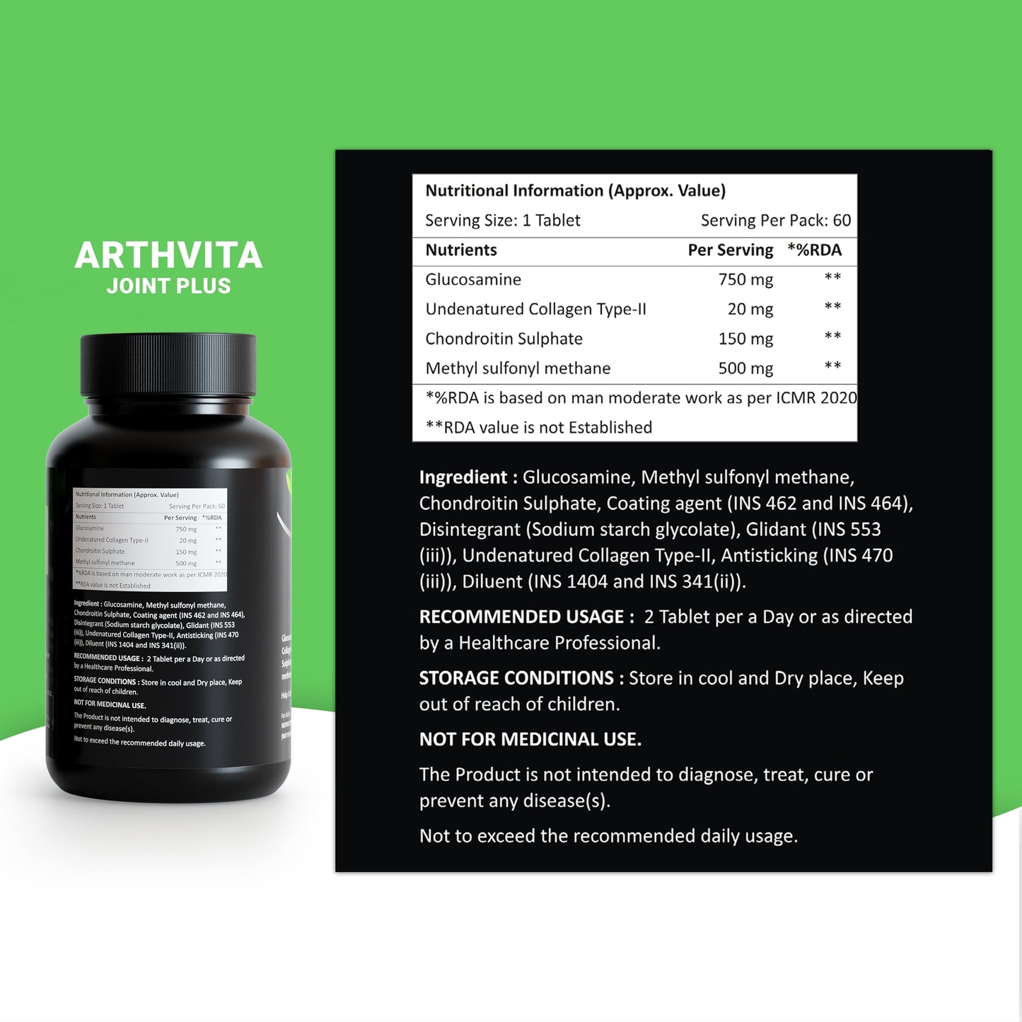 Arthvita Complete Knee Care – For Joint Pain Glucosamine, Collagen + 9 Nutrients, DHA + Calcium + 12 Vitamins + 9 Minerals – 3 × 60 Tablets