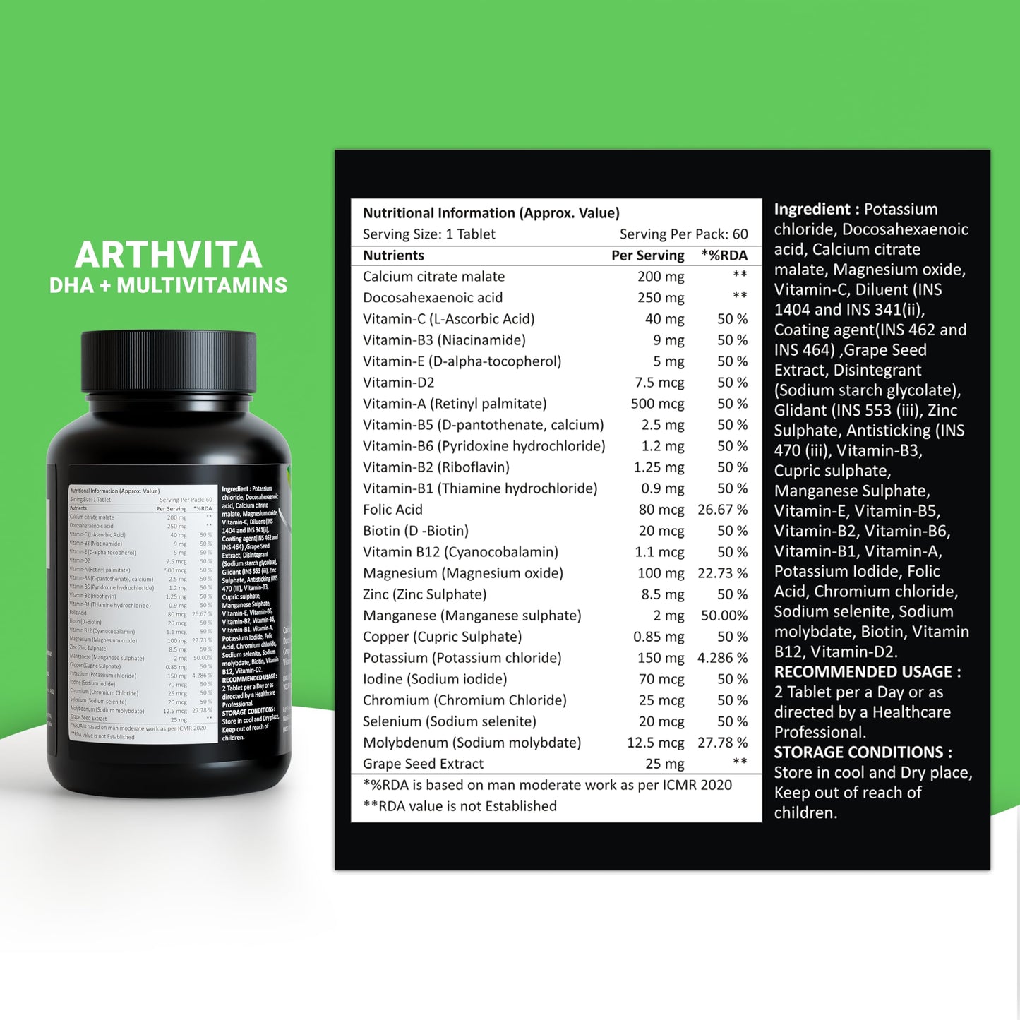 Arthvita Complete Knee Care – For Joint Pain Glucosamine, Collagen + 9 Nutrients, DHA + Calcium + 12 Vitamins + 9 Minerals – 3 × 60 Tablets