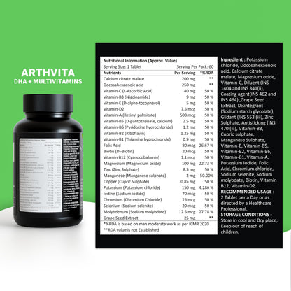 Arthvita Complete Knee Care – For Joint Pain Glucosamine, Collagen + 9 Nutrients, DHA + Calcium + 12 Vitamins + 9 Minerals – 3 × 60 Tablets