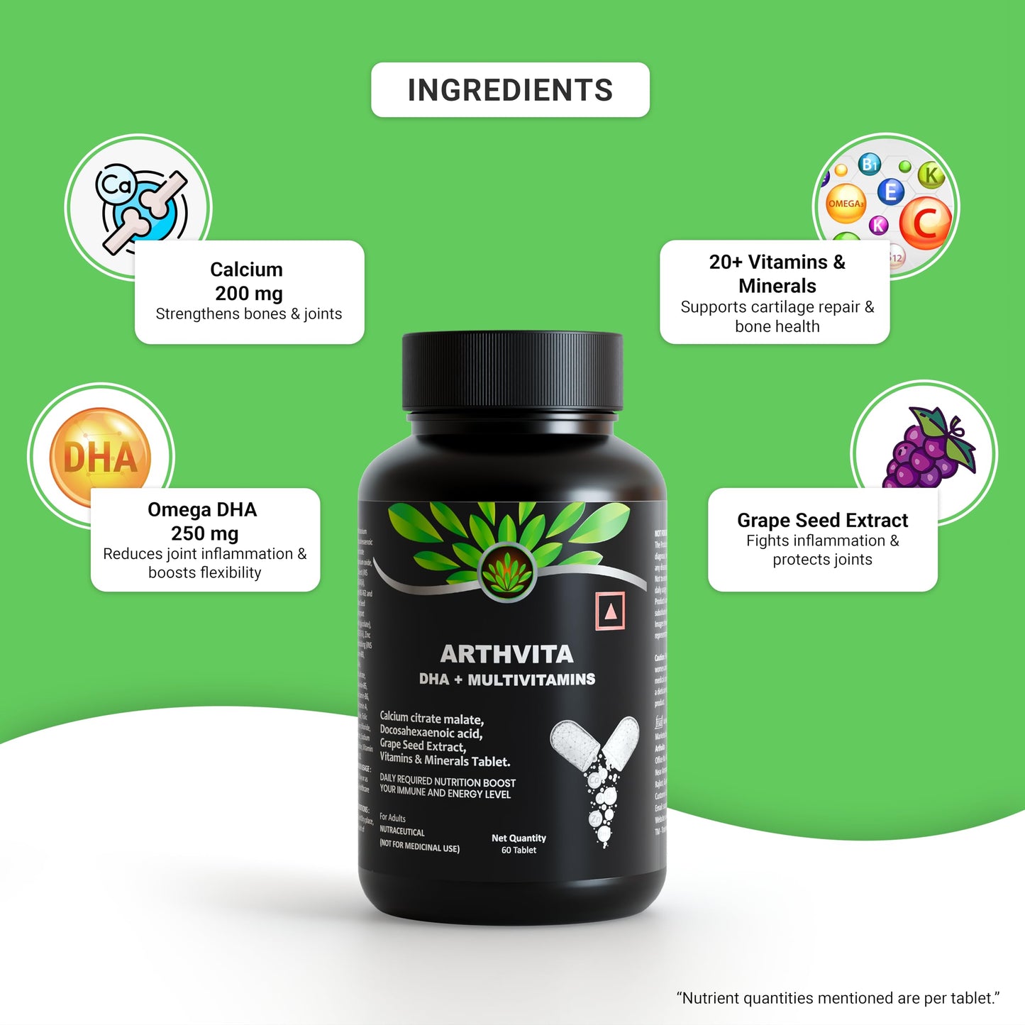 Arthvita Complete Knee Care – For Joint Pain Glucosamine, Collagen + 9 Nutrients, DHA + Calcium + 12 Vitamins + 9 Minerals – 3 × 60 Tablets