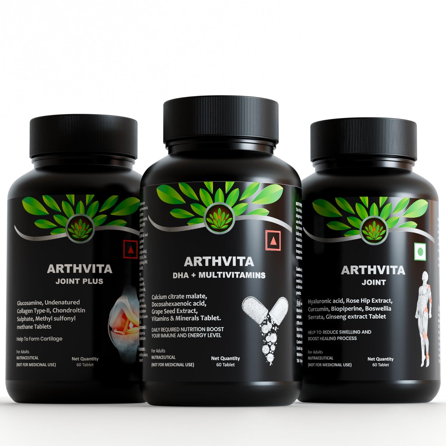 Arthvita Complete Knee Care – For Joint Pain Glucosamine, Collagen + 9 Nutrients, DHA + Calcium + 12 Vitamins + 9 Minerals – 3 × 60 Tablets