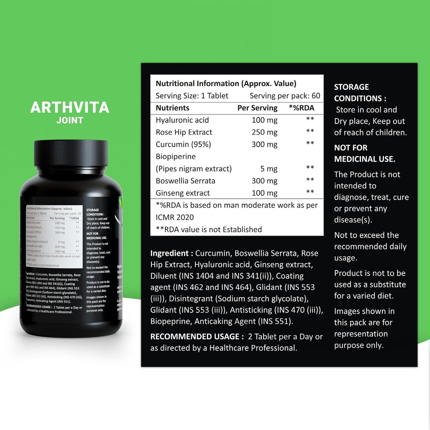 Arthvita Complete Knee Care – For Joint Pain Glucosamine, Collagen + 9 Nutrients, DHA + Calcium + 12 Vitamins + 9 Minerals – 3 × 60 Tablets