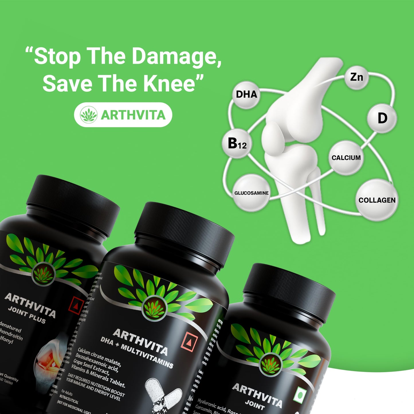 Arthvita Complete Knee Care – For Joint Pain Glucosamine, Collagen + 9 Nutrients, DHA + Calcium + 12 Vitamins + 9 Minerals – 3 × 60 Tablets